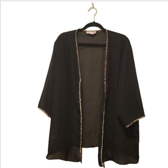 Natori Private Luxuries Womens Top Black 2XL Leopard Trim Sheer Plus Size Robe - Picture 1 of 7